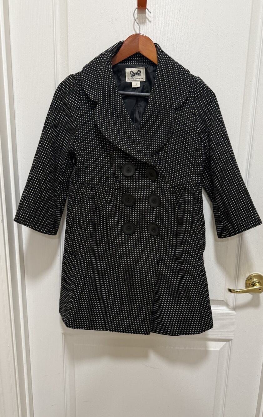 Forever 21 Peacoat Womens Small Black White Micro Houndstooth Wool Blend Coat